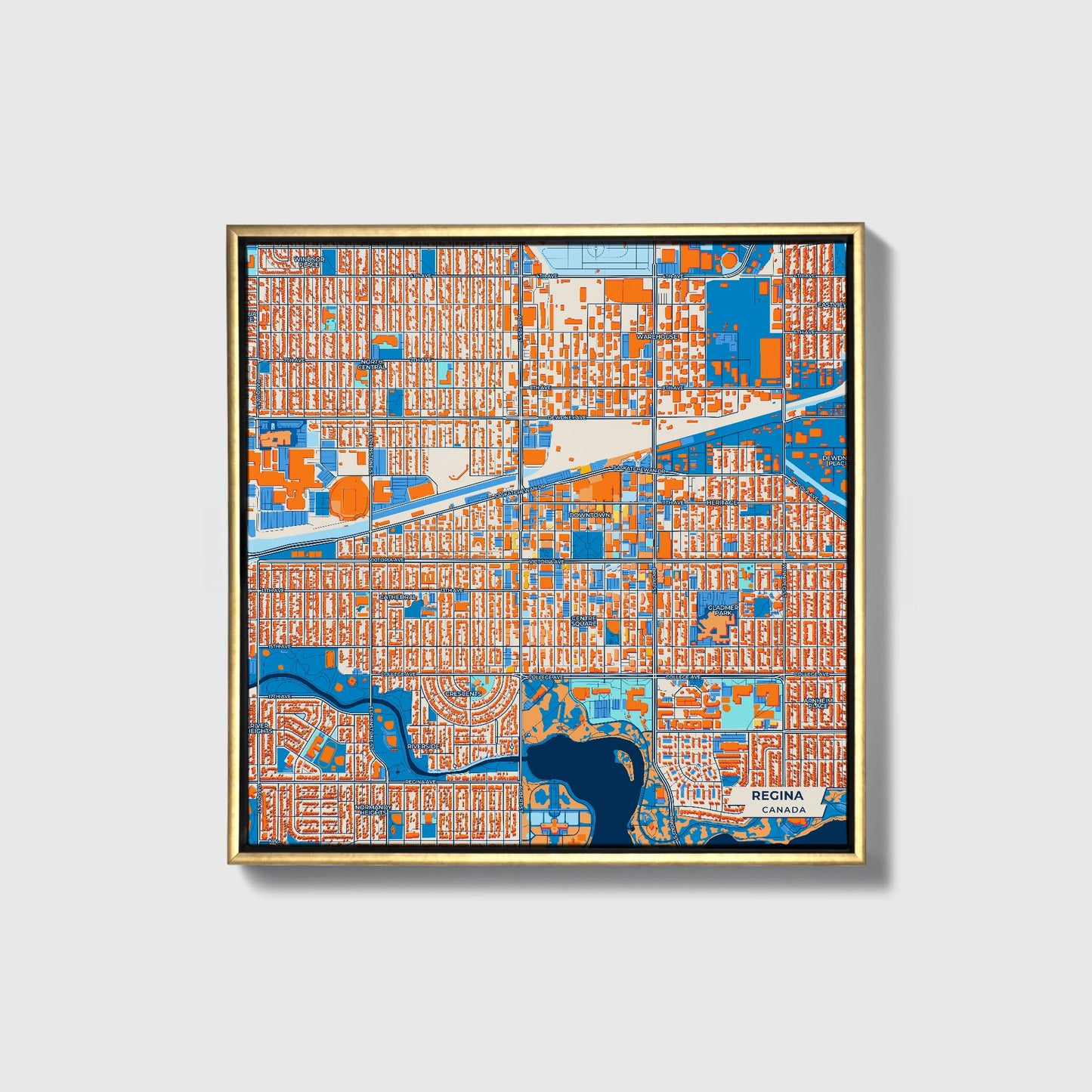Regina Canada Colorful City Map Canvas Print • Gold Framed