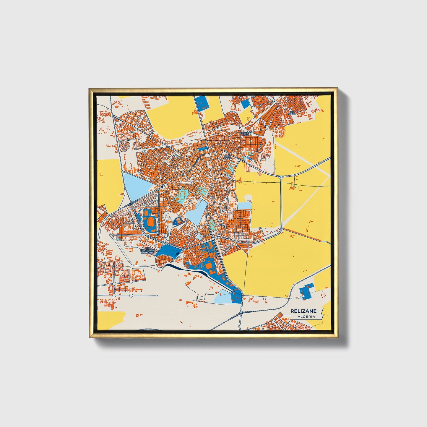 Relizane Algeria Colorful City Map Canvas Print • Gold Framed