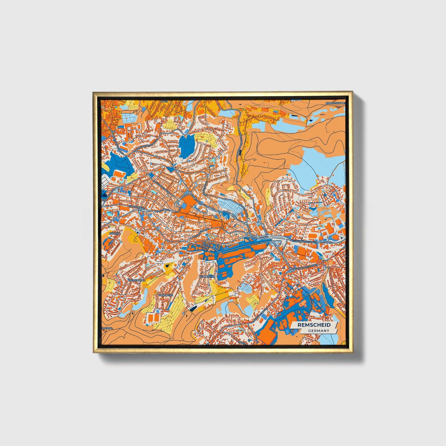 Remscheid Germany Colorful City Map Canvas Print • Gold Framed