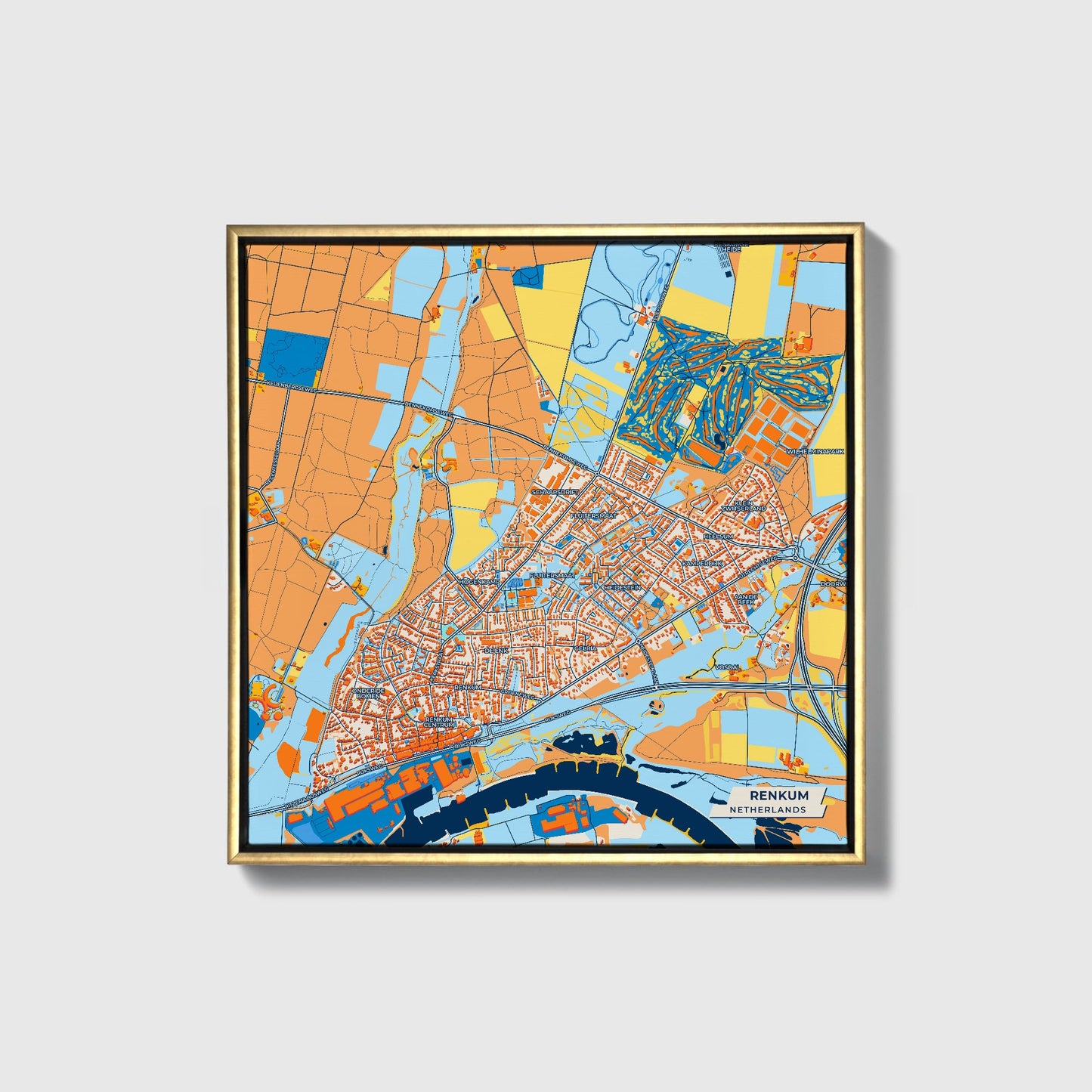 Renkum Netherlands Colorful City Map Canvas Print • Gold Framed