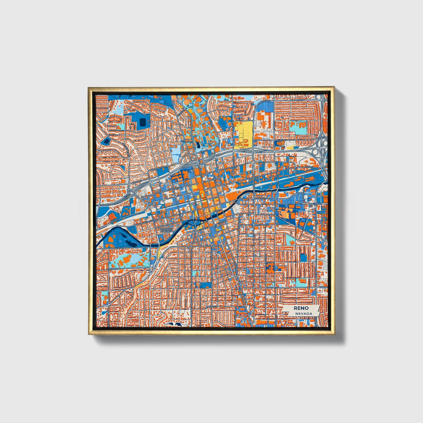 Reno Nevada Colorful City Map Canvas Print • Gold Framed