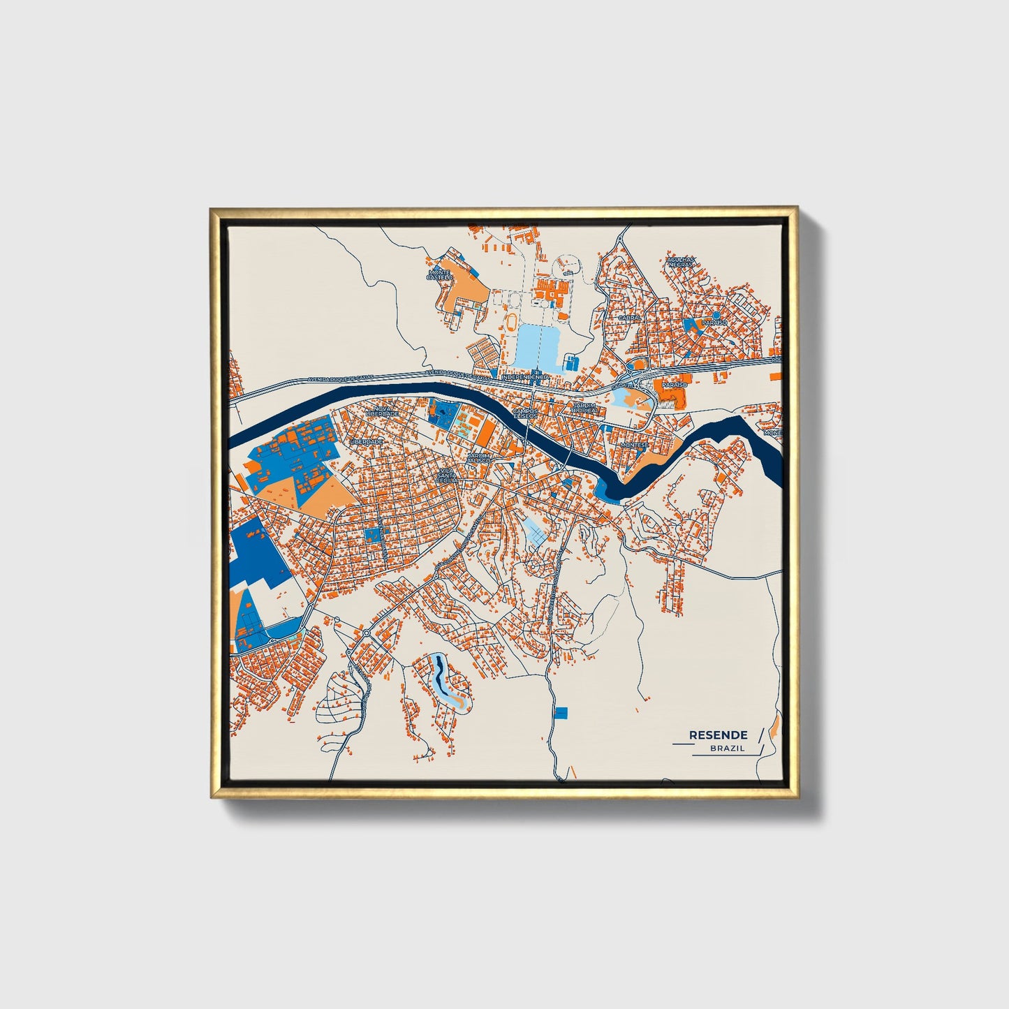 Resende Brazil Colorful City Map Canvas Print • Gold Framed