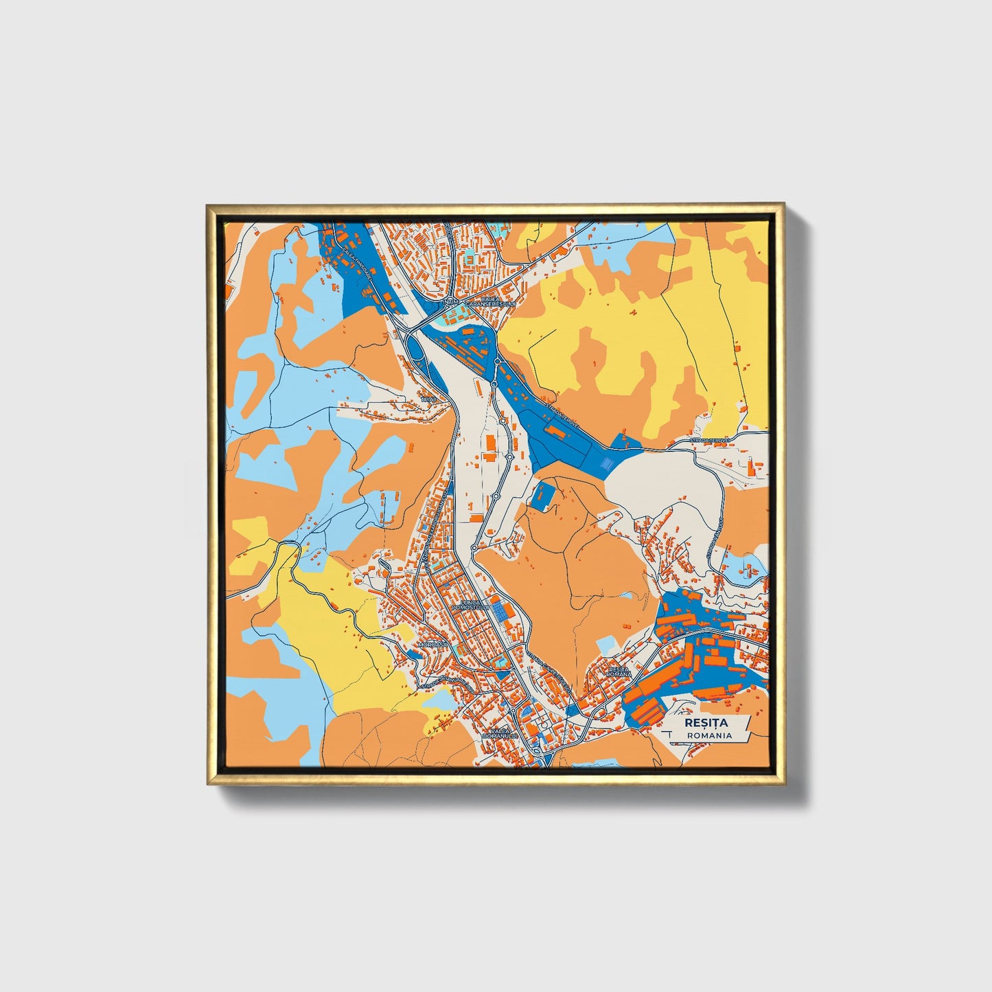Reșița Romania Colorful City Map Canvas Print • Gold Framed