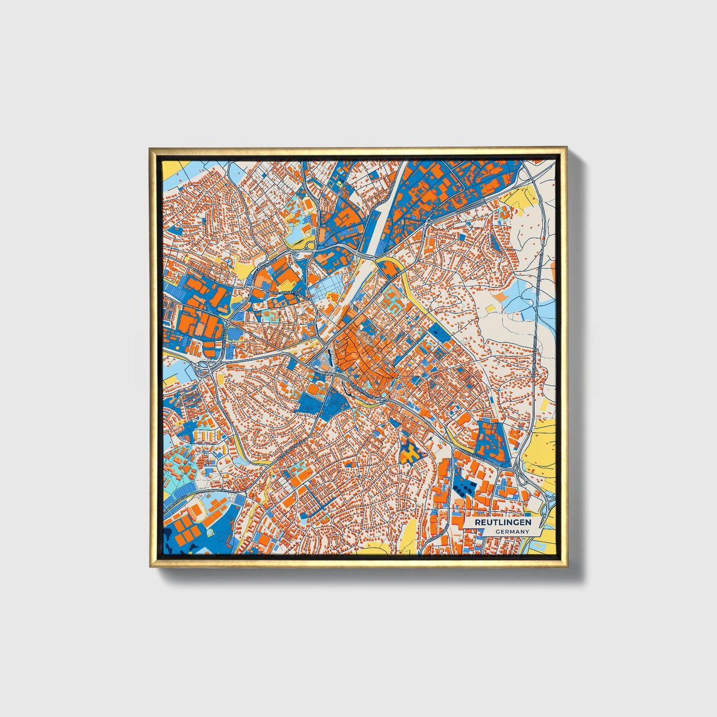 Reutlingen Germany Colorful City Map Canvas Print • Gold Framed