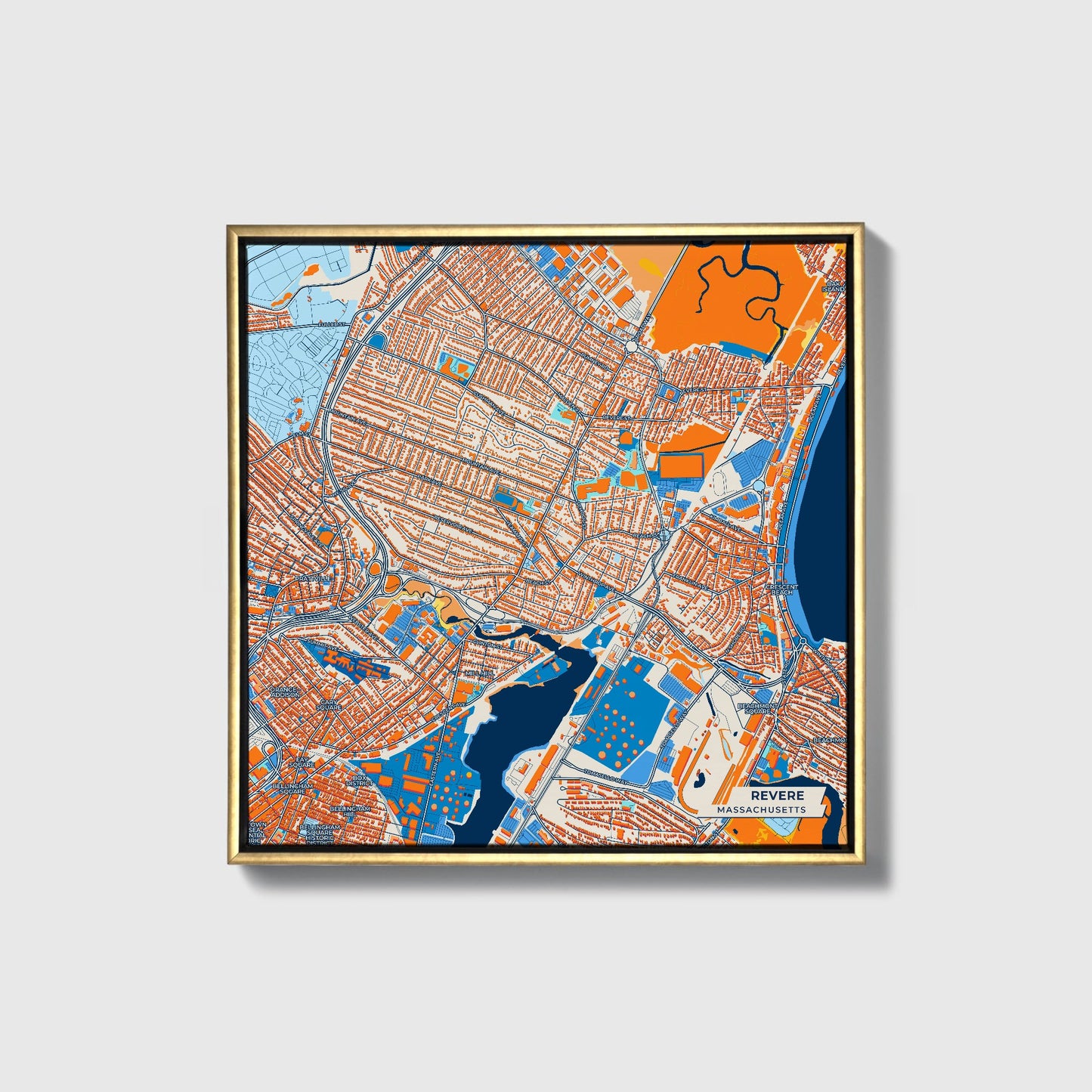 Revere Massachusetts Colorful City Map Canvas Print • Gold Framed