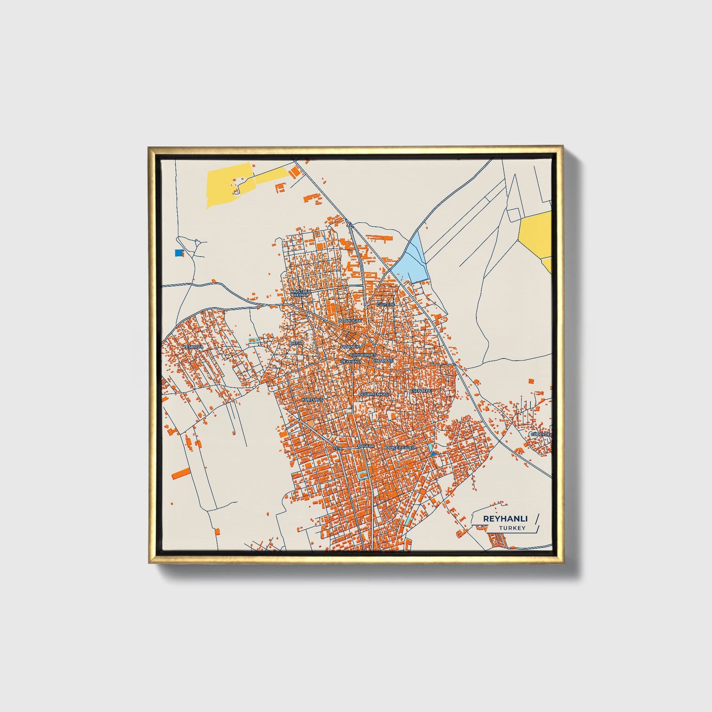 Reyhanli Turkey Colorful City Map Canvas Print • Gold Framed