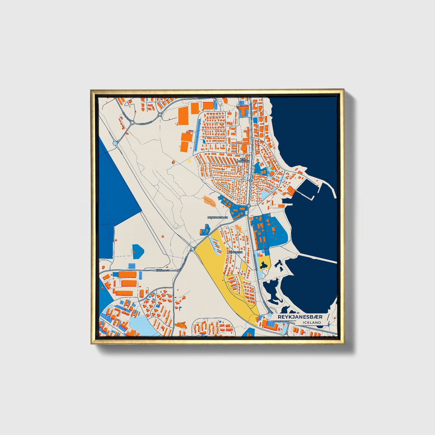 Reykjanesbær Iceland Colorful City Map Canvas Print • Gold Framed