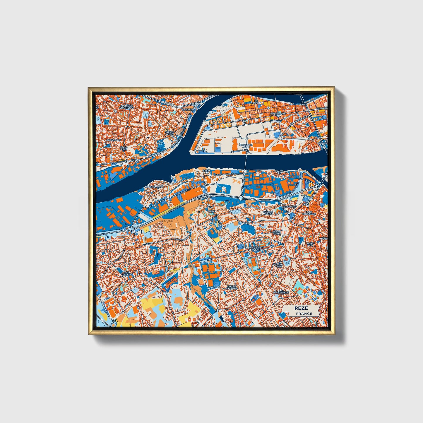 Rezé France Colorful City Map Canvas Print • Gold Framed