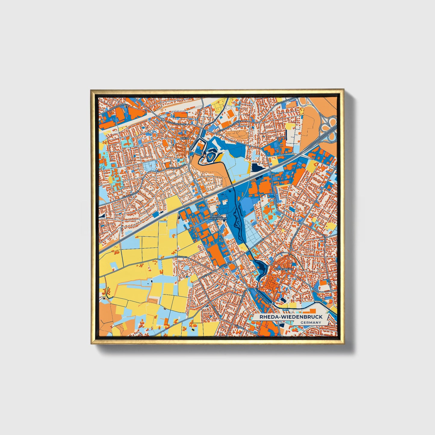 Rheda-Wiedenbrück Germany Colorful City Map Canvas Print • Gold Framed
