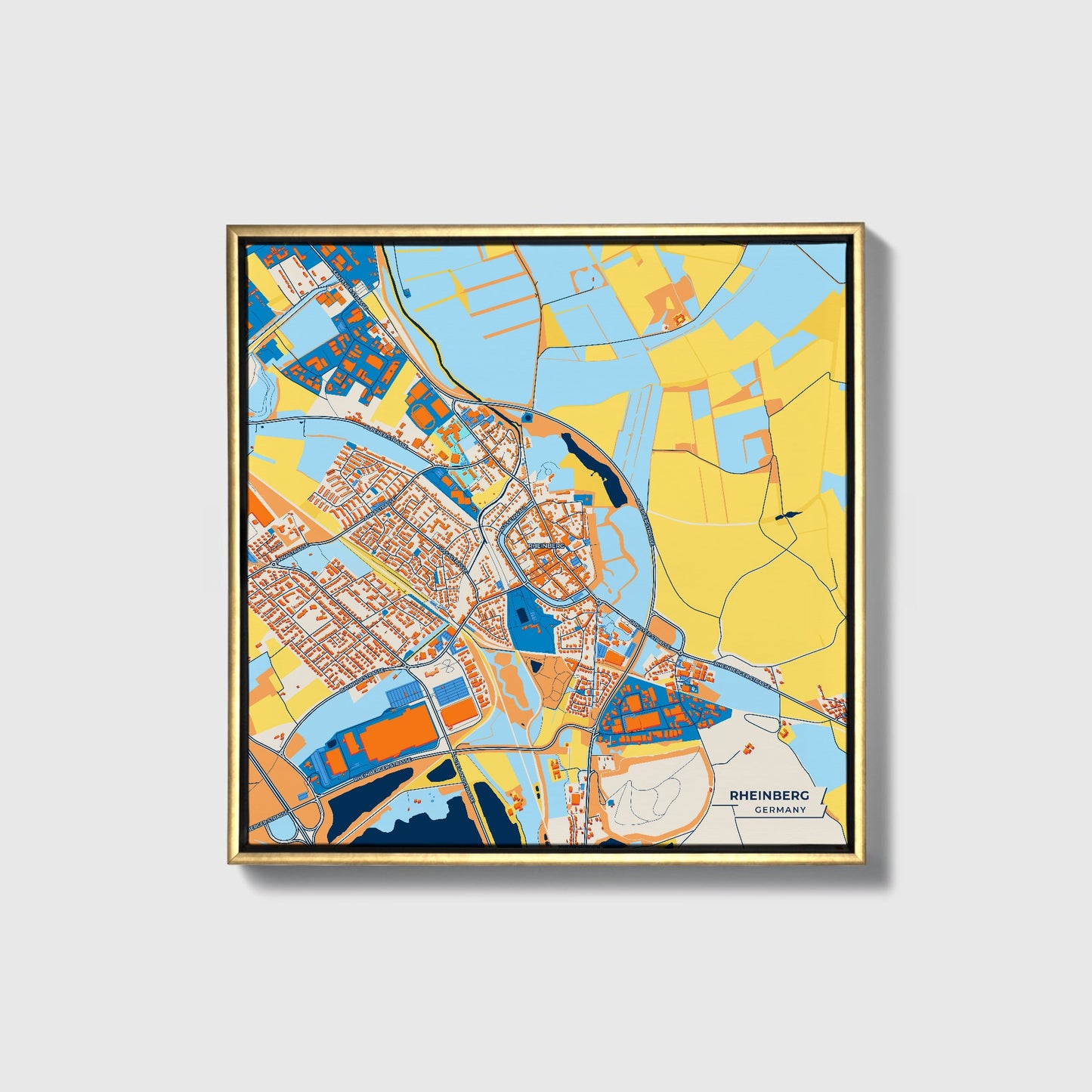 Rheinberg Germany Colorful City Map Canvas Print • Gold Framed