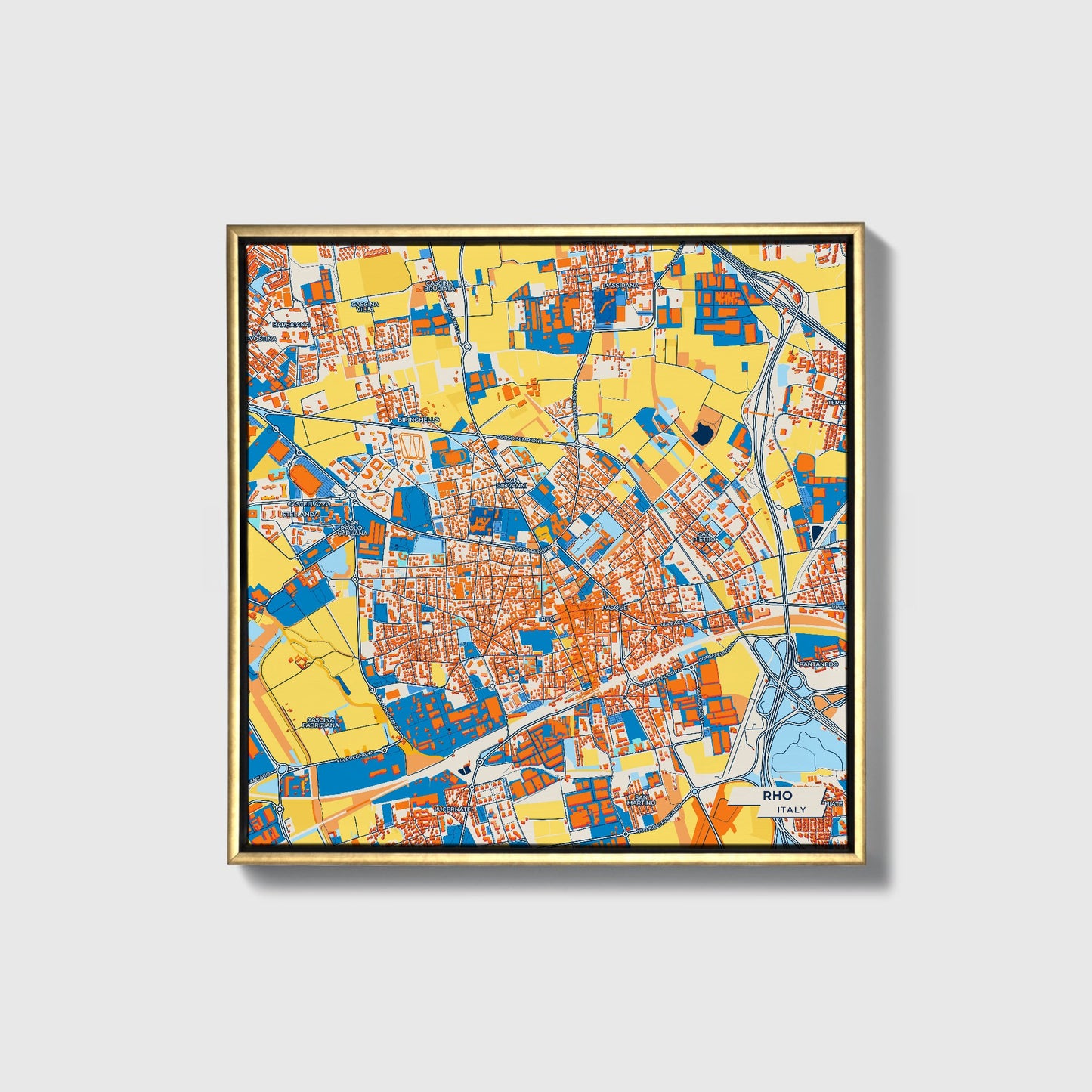 Rho Italy Colorful City Map Canvas Print • Gold Framed