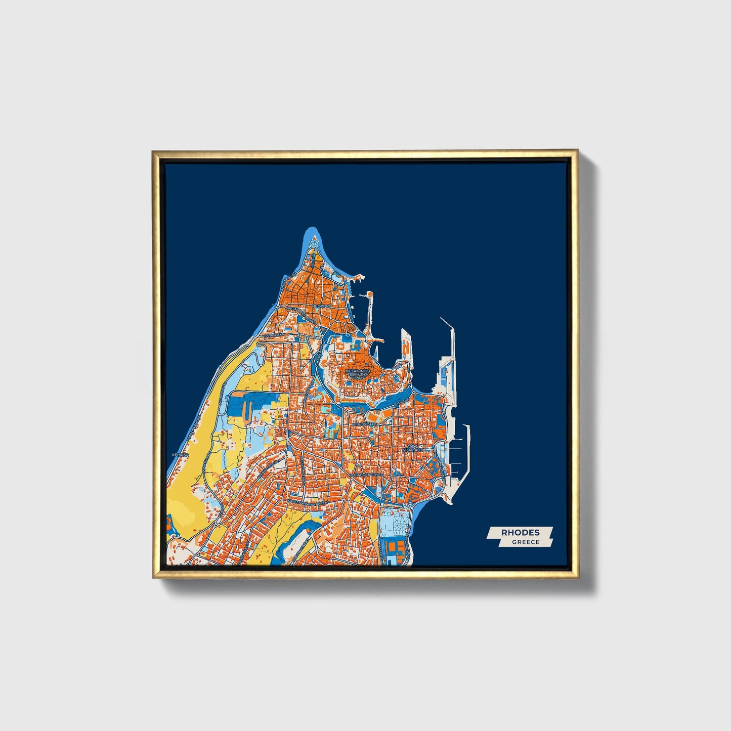 Ροδος Greece Colorful City Map Canvas Print • Gold Framed