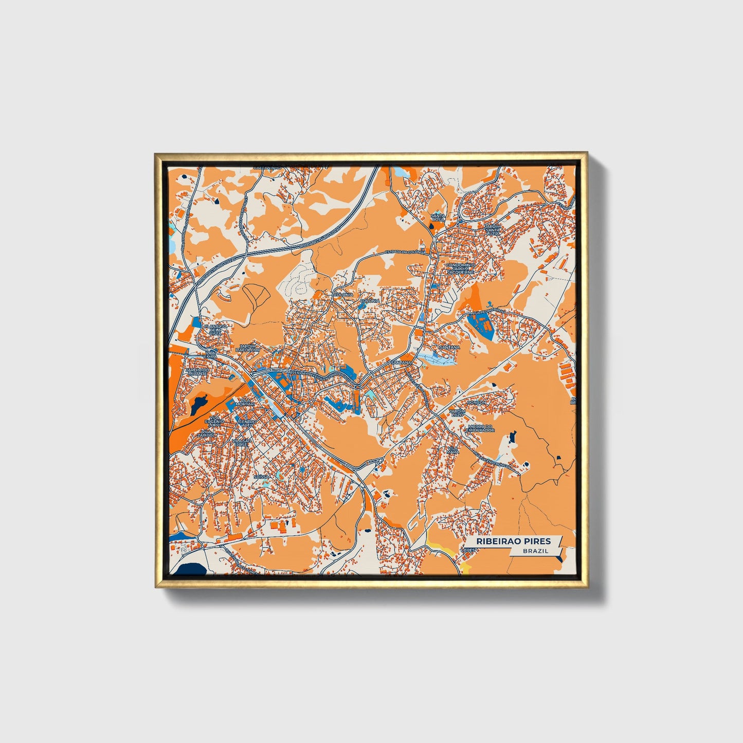 Ribeirao Pires Brazil Colorful City Map Canvas Print • Gold Framed