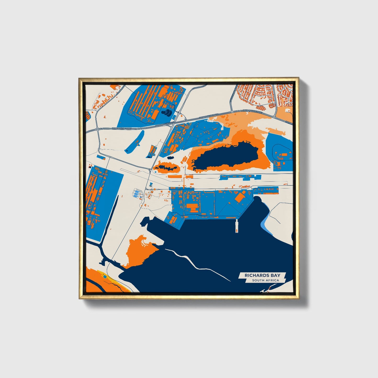 Richards Bay South Africa Colorful City Map Canvas Print • Gold Framed