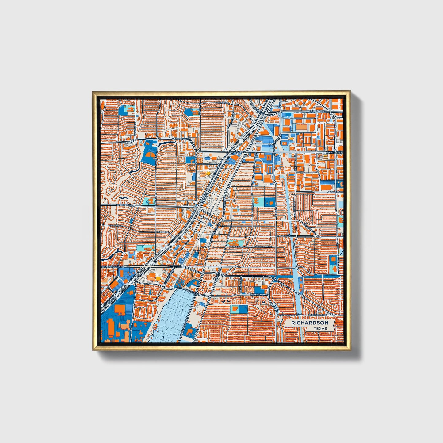 Richardson Texas Colorful City Map Canvas Print • Gold Framed
