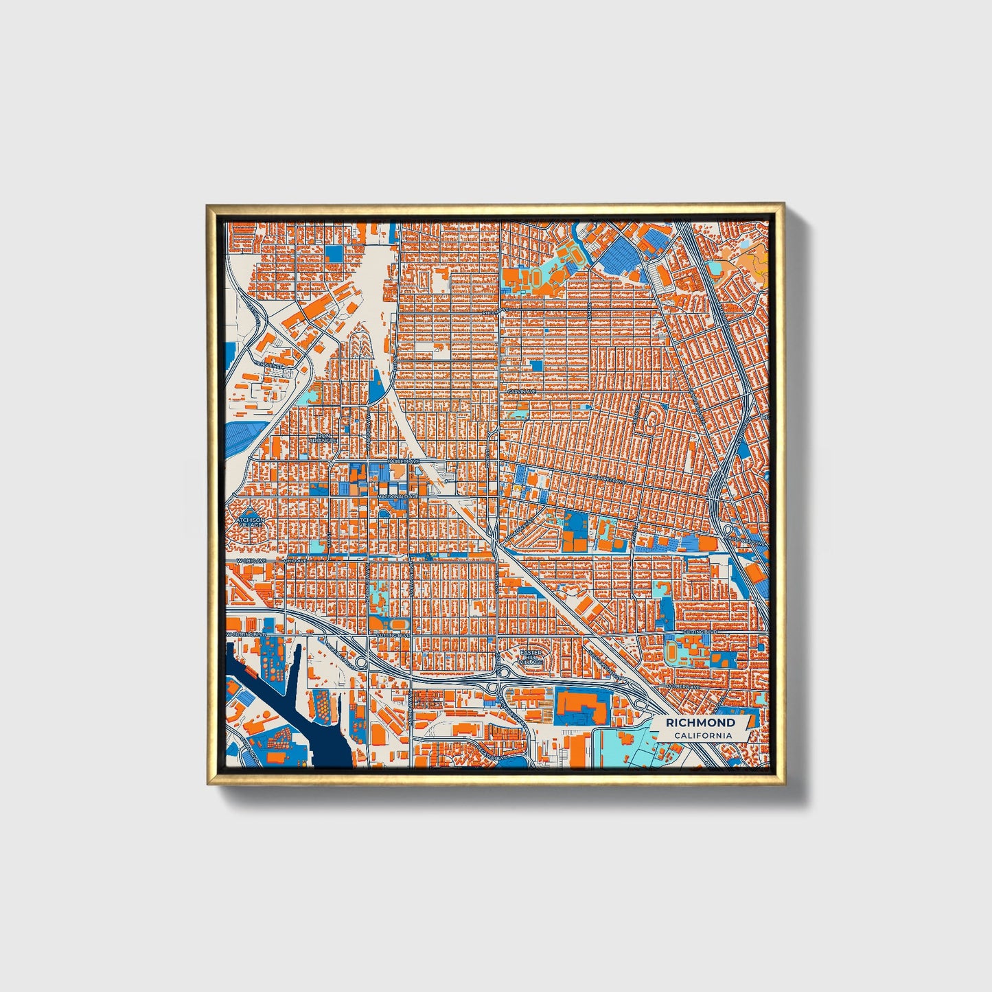 Richmond California Colorful City Map Canvas Print • Gold Framed