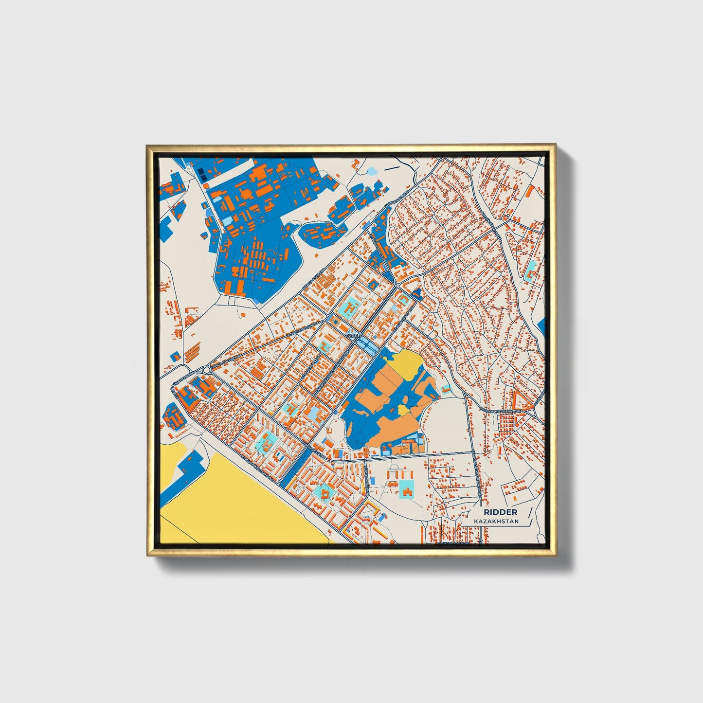 Ridder Kazakhstan Colorful City Map Canvas Print • Gold Framed