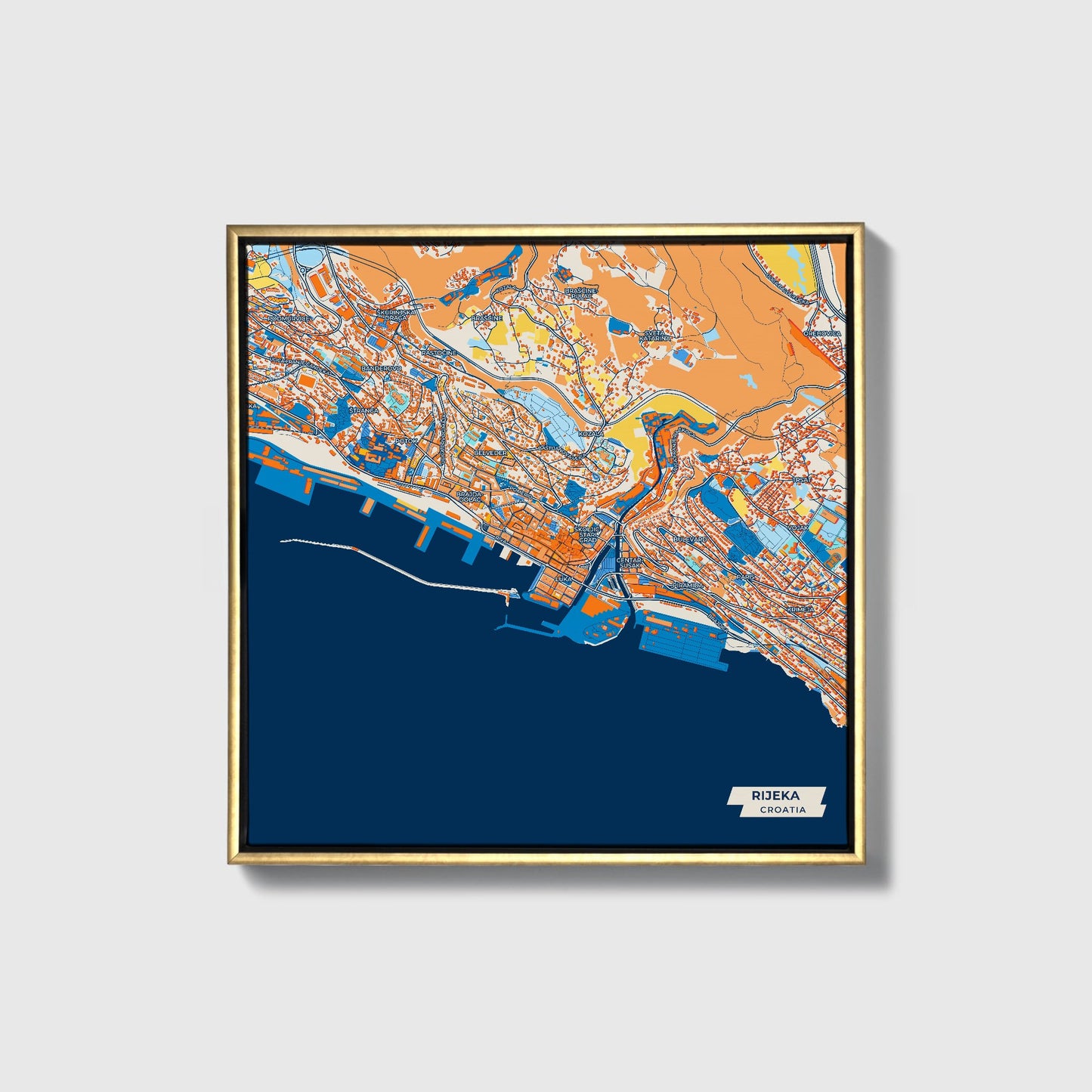 Rijeka Croatia Colorful City Map Canvas Print • Gold Framed