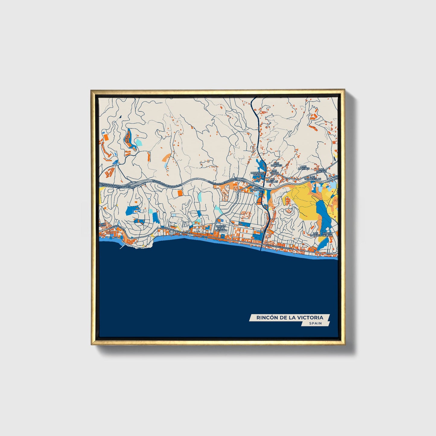 Rincón De La Victoria Spain Colorful City Map Canvas Print • Gold Framed