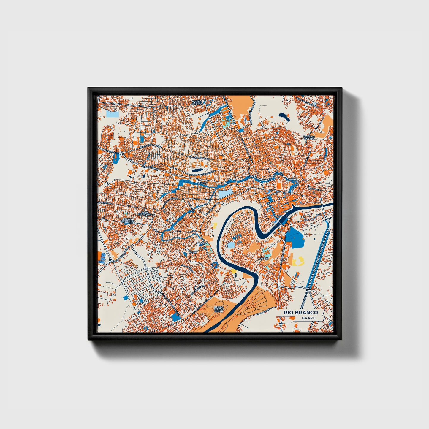 Rio Branco Brazil Colorful City Map Canvas Print • Black Framed