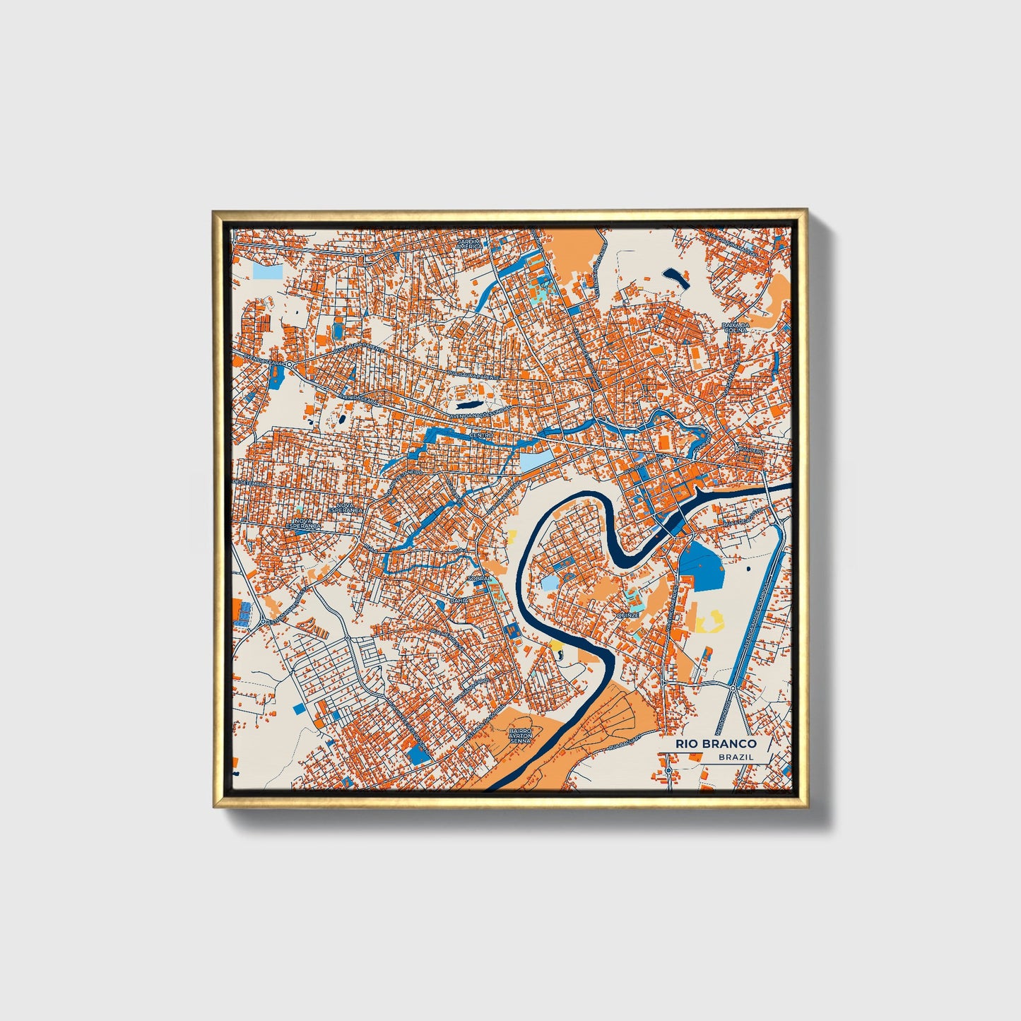 Rio Branco Brazil Colorful City Map Canvas Print • Gold Framed