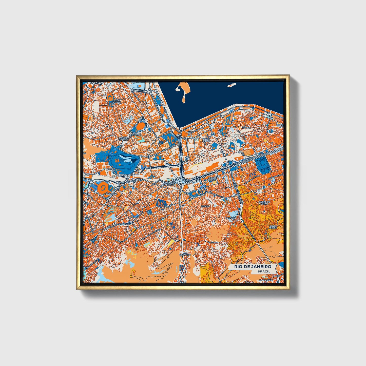 Rio De Janeiro Brazil Colorful City Map Canvas Print • Gold Framed