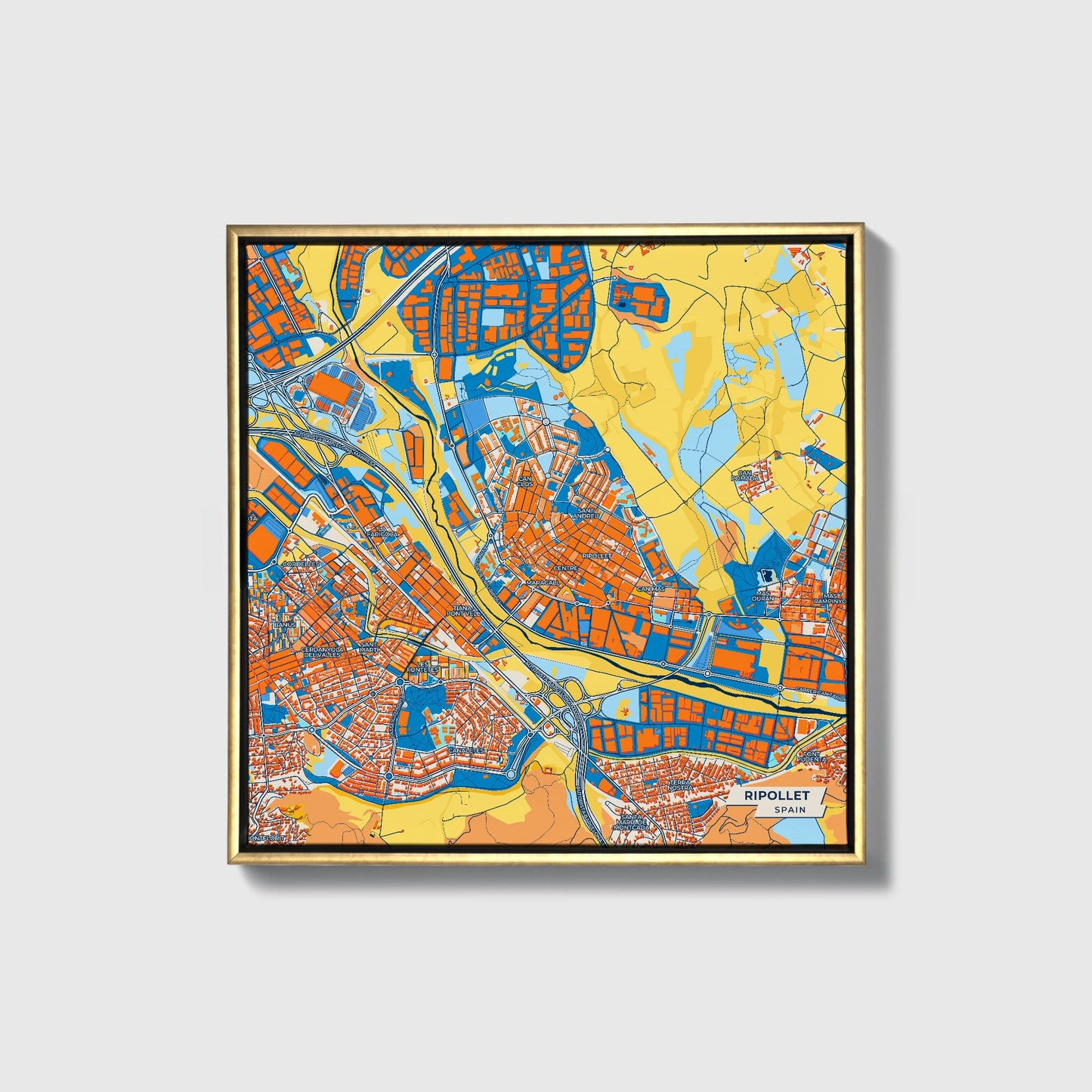 Ripollet Spain Colorful City Map Canvas Print • Gold Framed
