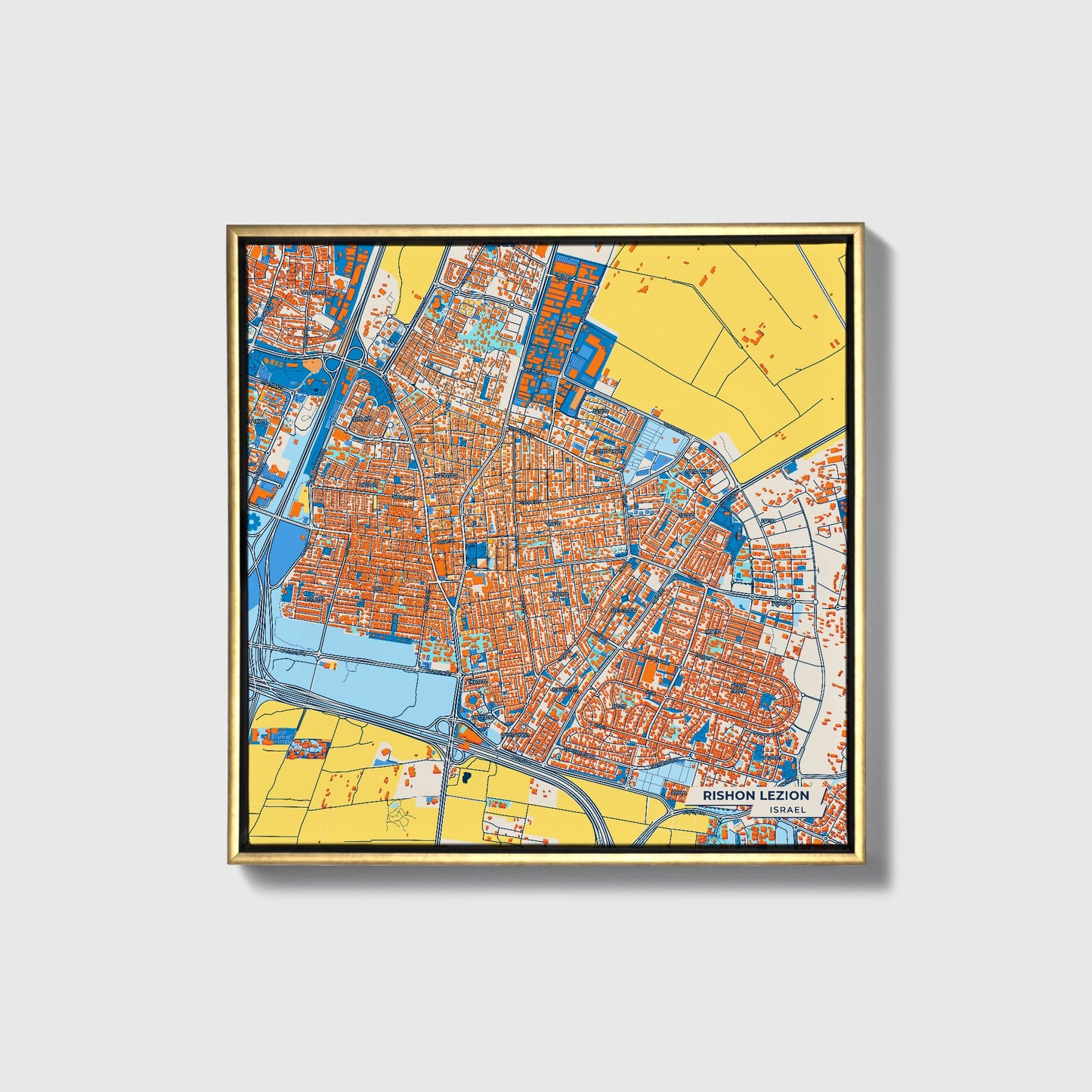 Rishon Lezion Israel Colorful City Map Canvas Print • Gold Framed