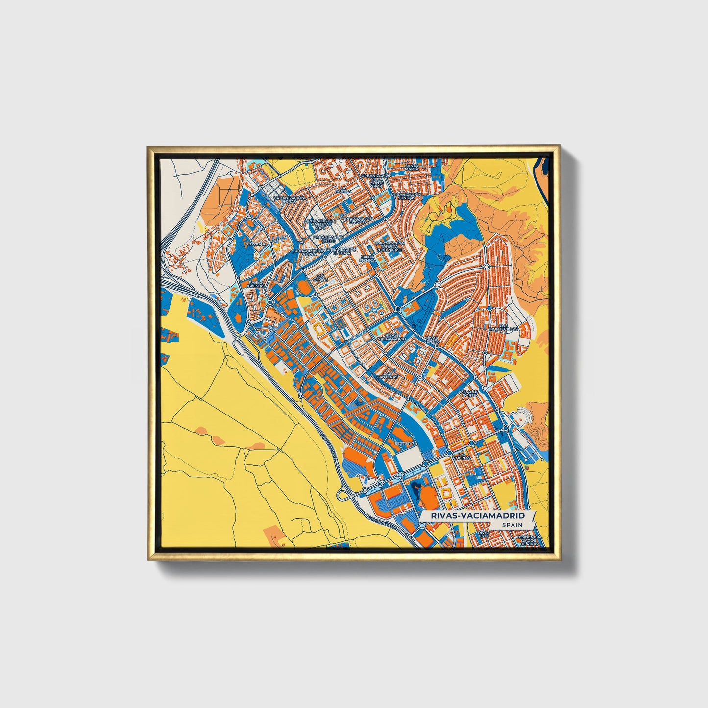 Rivas-Vaciamadrid Spain Colorful City Map Canvas Print • Gold Framed