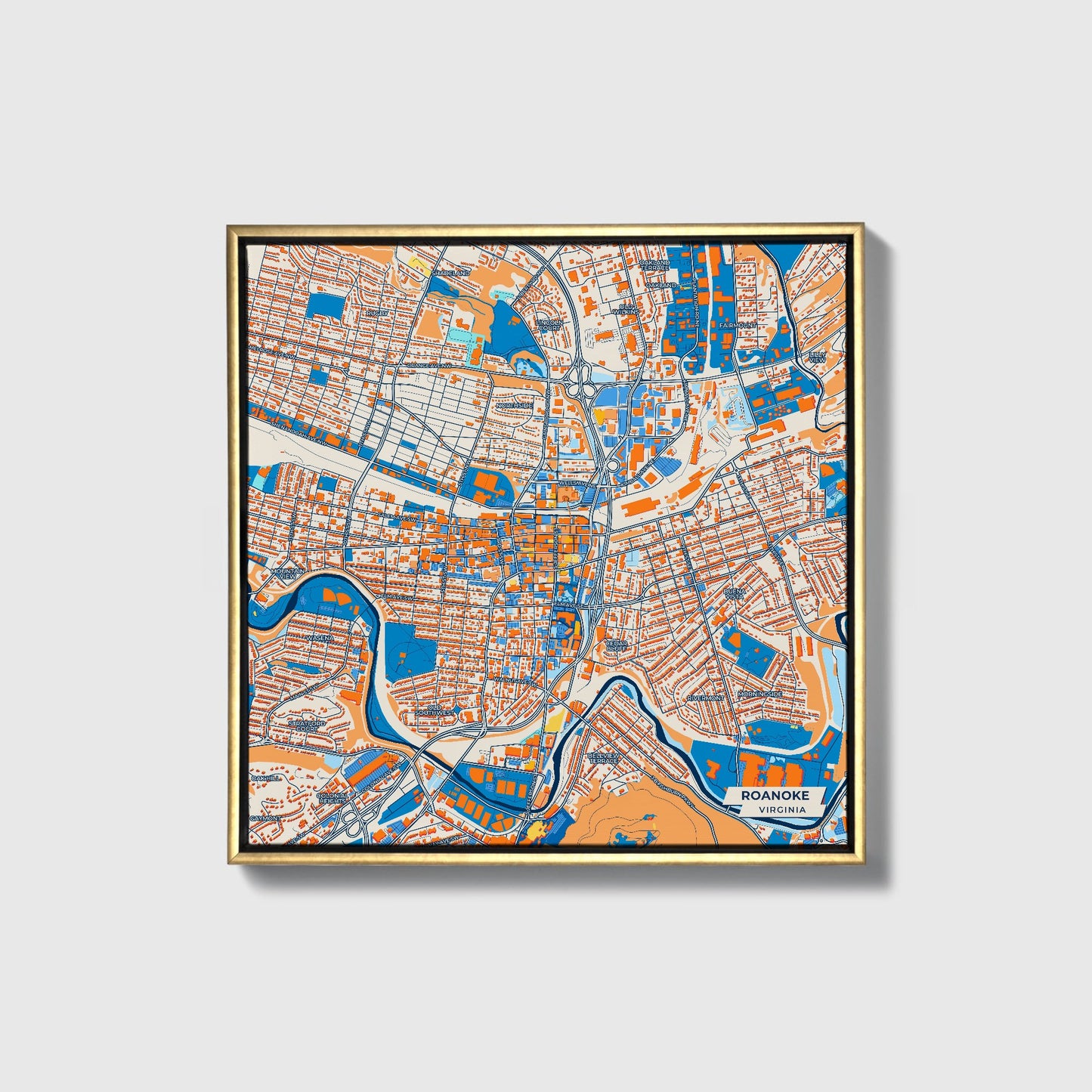 Roanoke Virginia Colorful City Map Canvas Print • Gold Framed