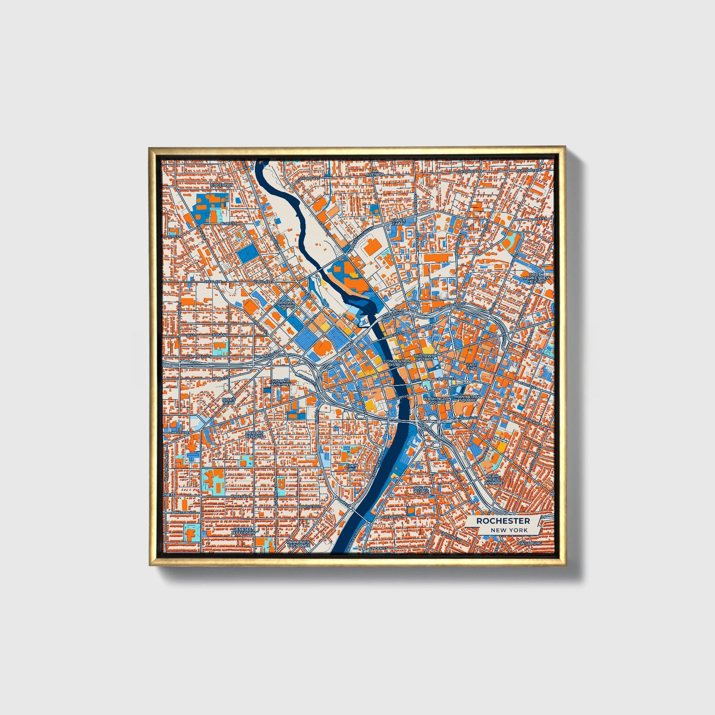 Rochester New York Colorful City Map Canvas Print • Gold Framed