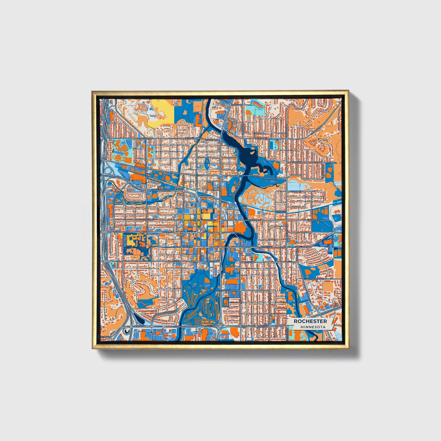 Rochester Minnesota Colorful City Map Canvas Print • Gold Framed
