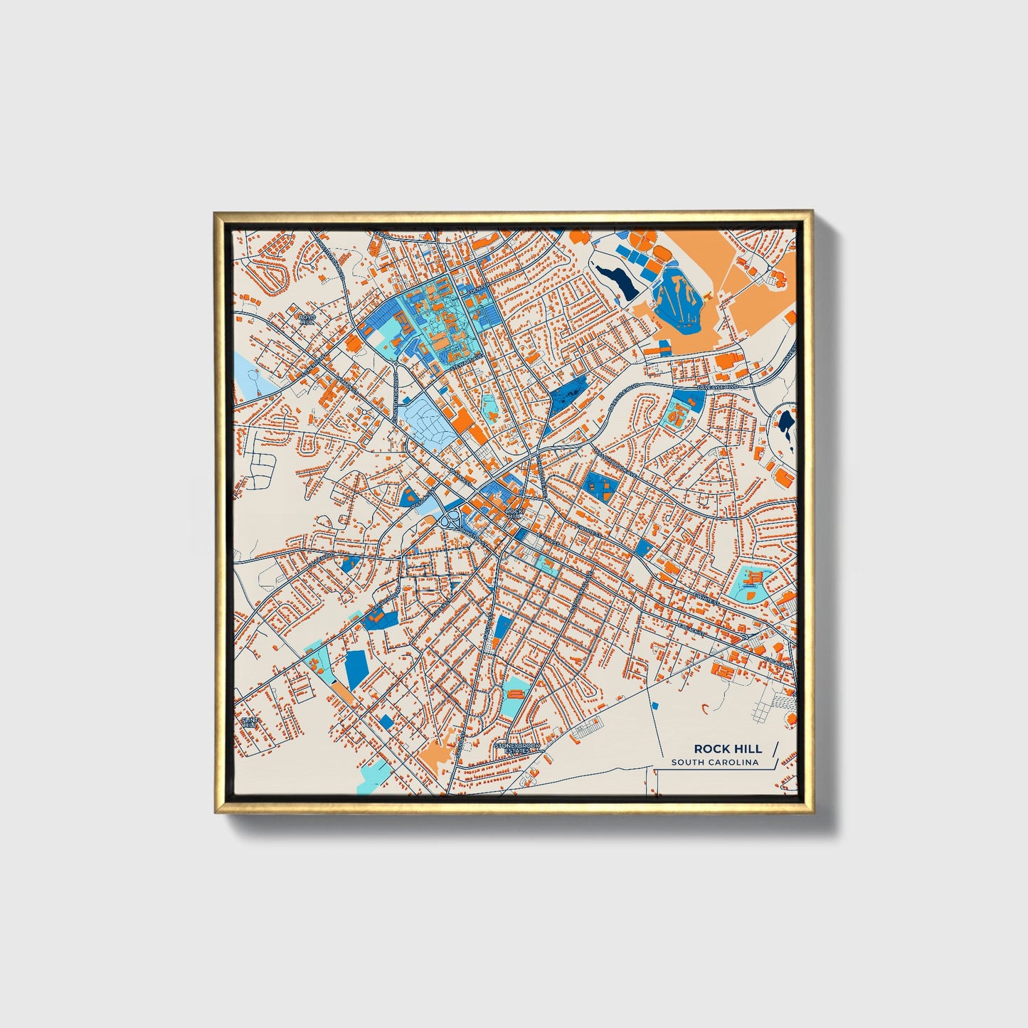 Rock Hill South Carolina Colorful City Map Canvas Print • Gold Framed