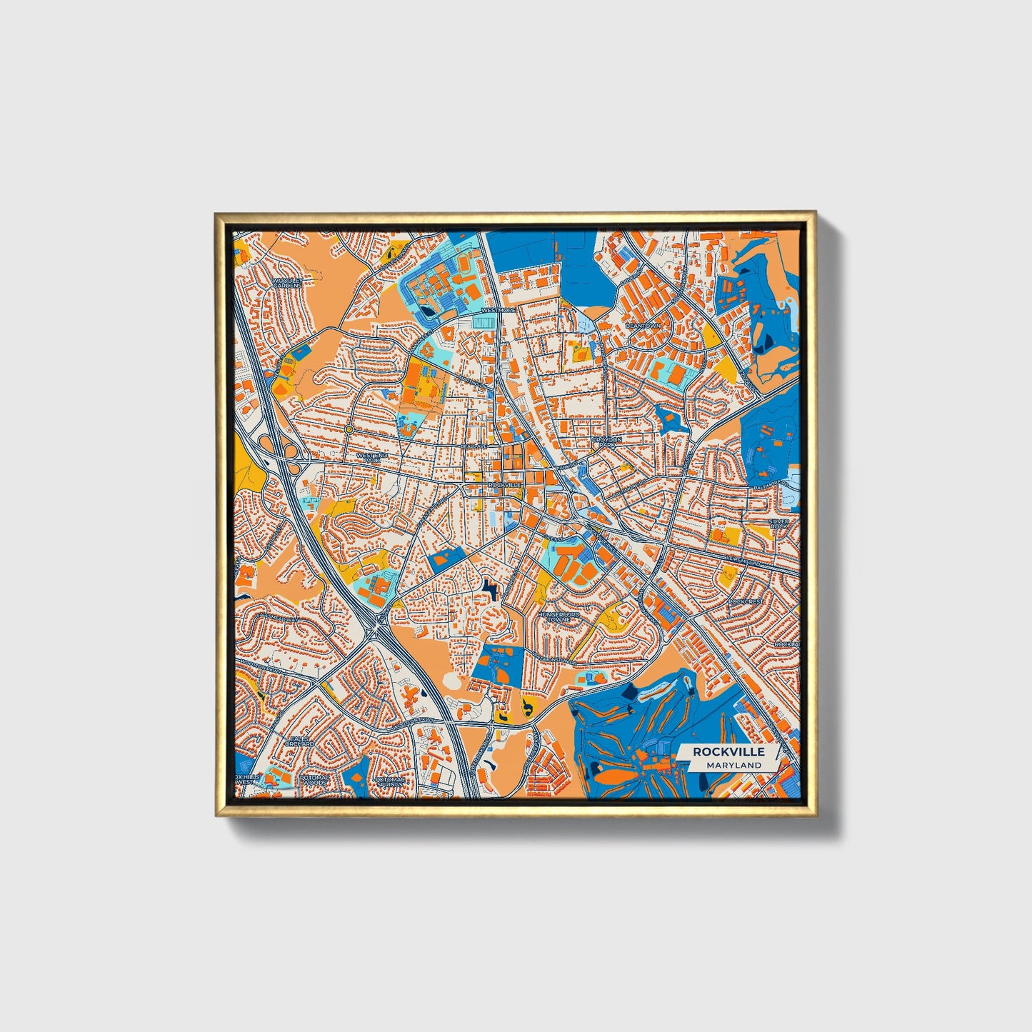 Rockville Maryland Colorful City Map Canvas Print • Gold Framed