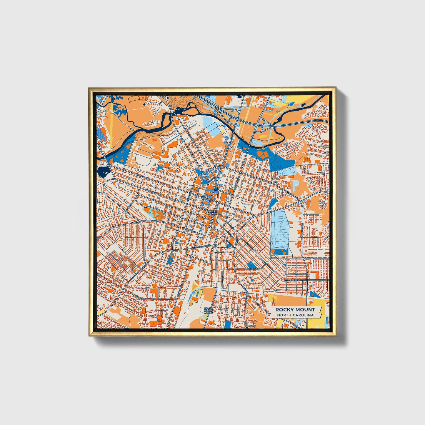 Rocky Mount North Carolina Colorful City Map Canvas Print • Gold Framed