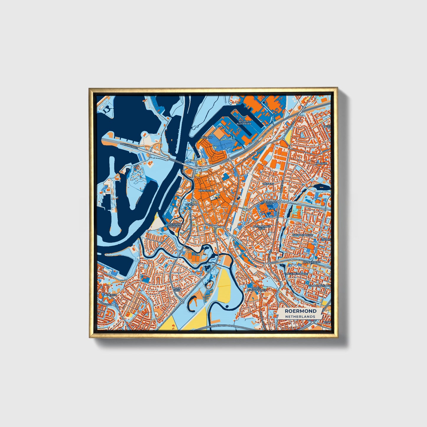 Roermond Netherlands Colorful City Map Canvas Print • Gold Framed