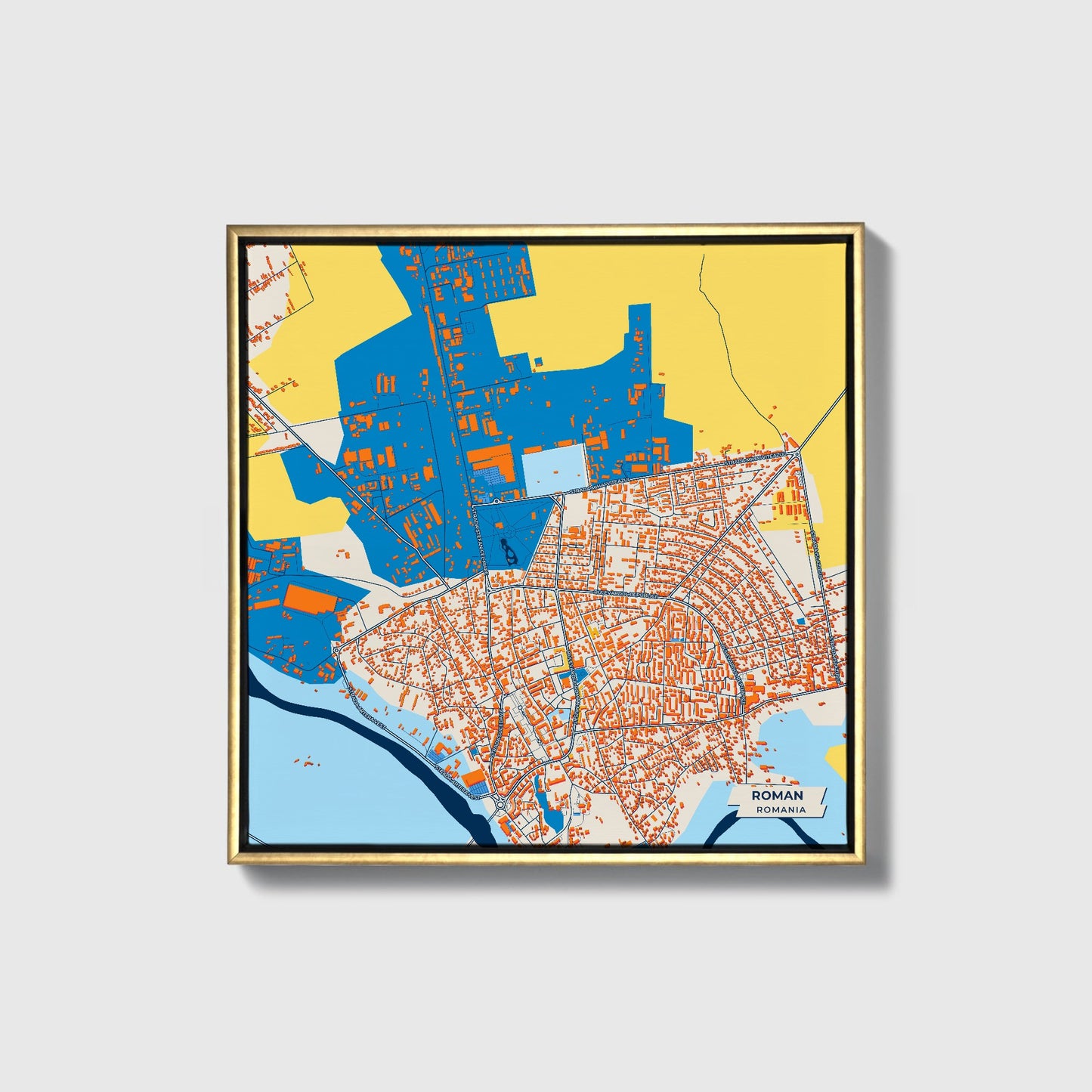 Roman Romania Colorful City Map Canvas Print • Gold Framed