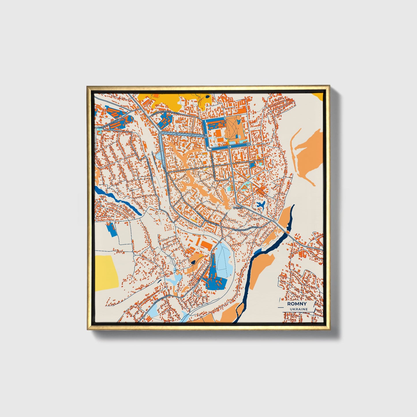 Ромни Ukraine Colorful City Map Canvas Print • Gold Framed