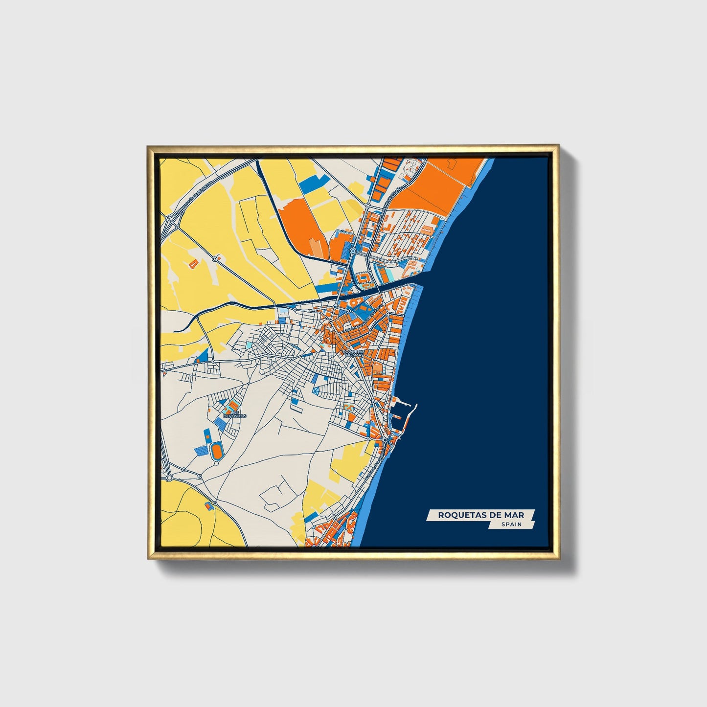 Roquetas De Mar Spain Colorful City Map Canvas Print • Gold Framed