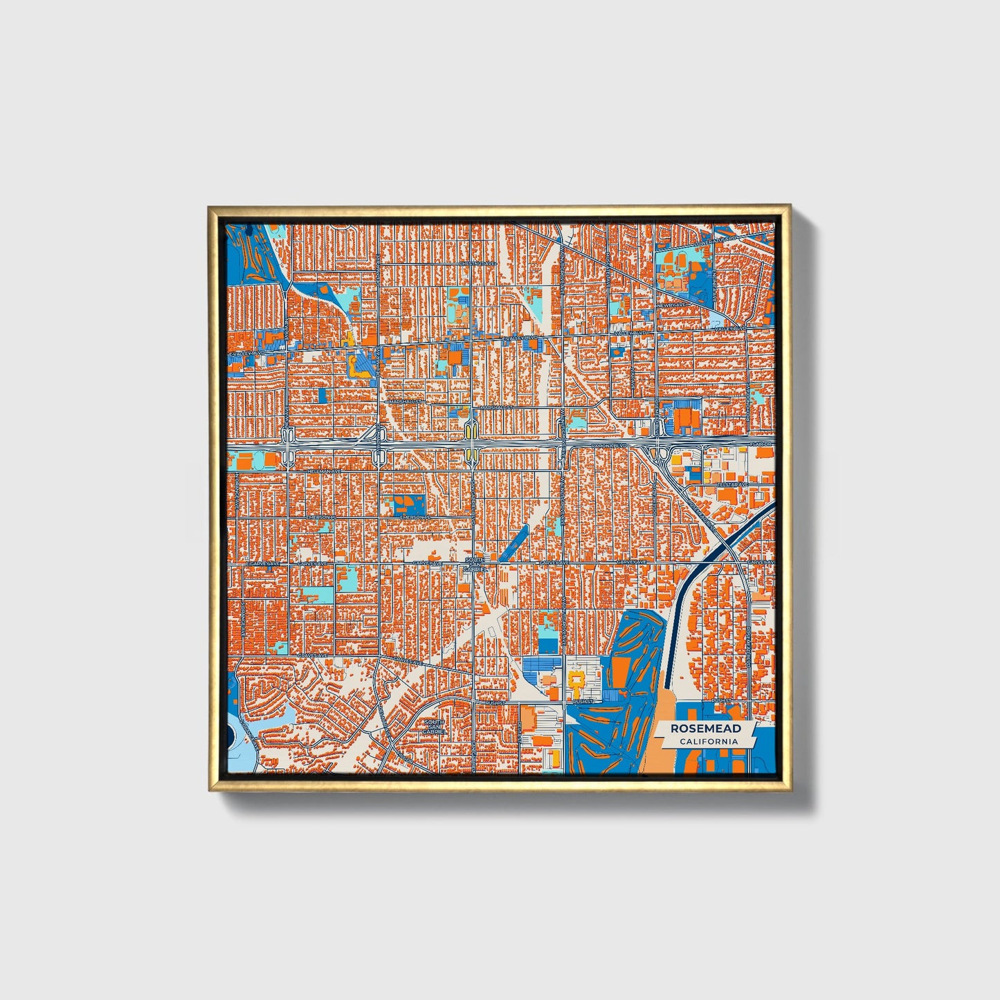Rosemead California Colorful City Map Canvas Print • Gold Framed