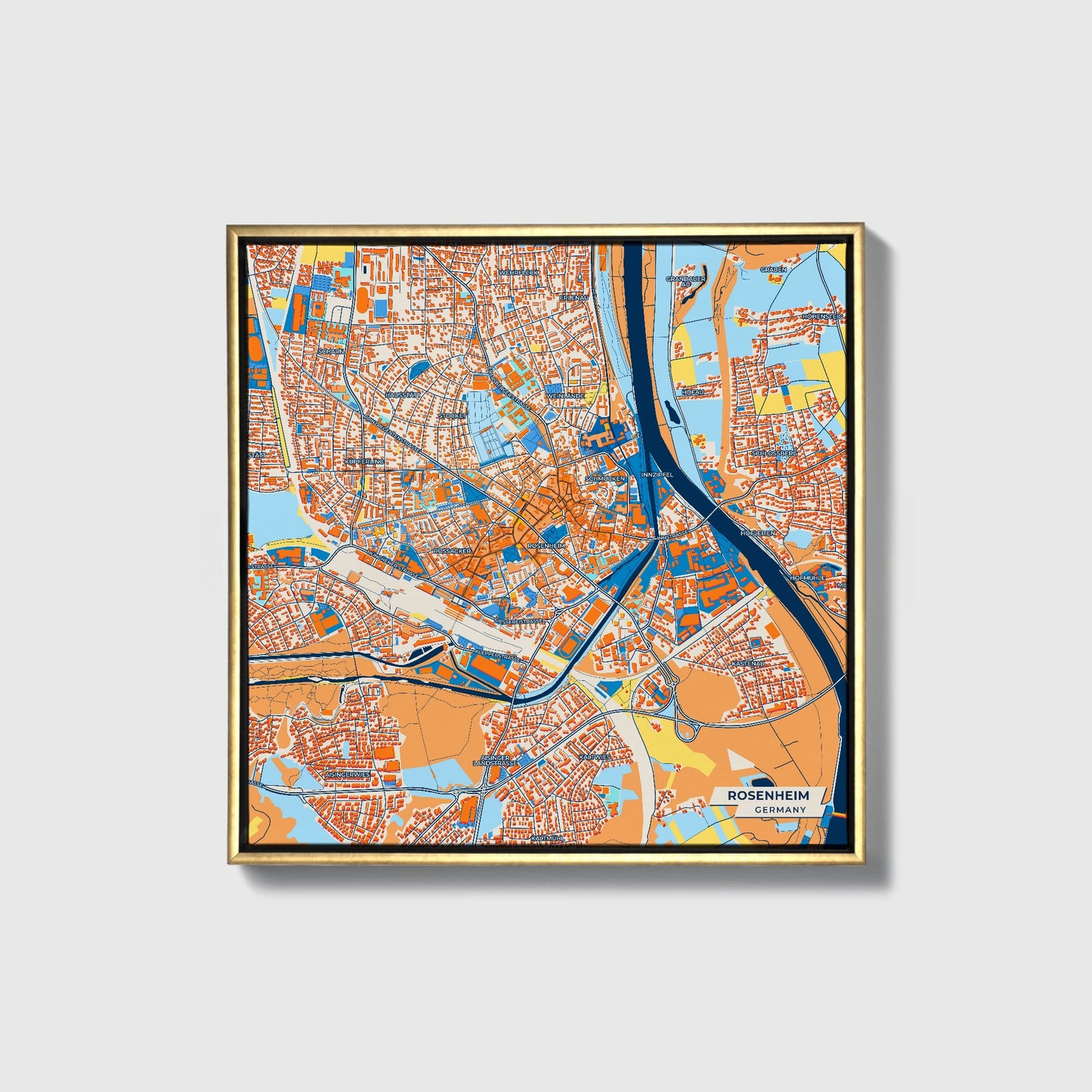 Rosenheim Germany Colorful City Map Canvas Print • Gold Framed