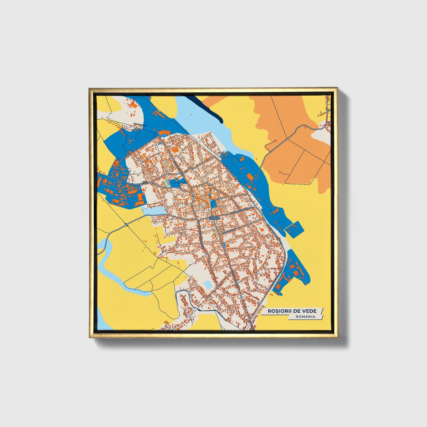 Roșiorii De Vede Romania Colorful City Map Canvas Print • Gold Framed