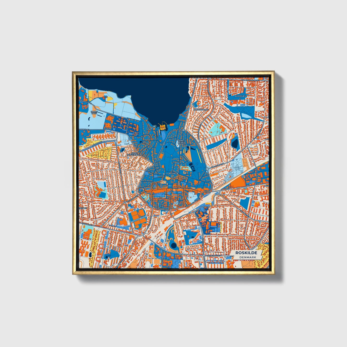 Roskilde Denmark Colorful City Map Canvas Print • Gold Framed