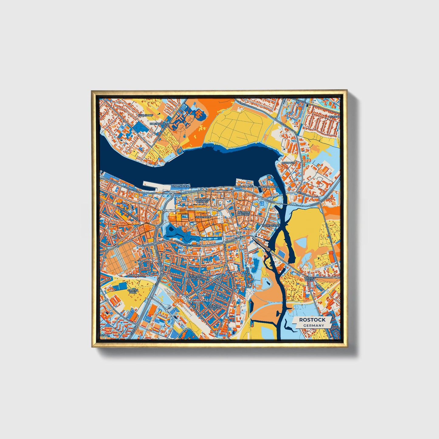Rostock Germany Colorful City Map Canvas Print • Gold Framed