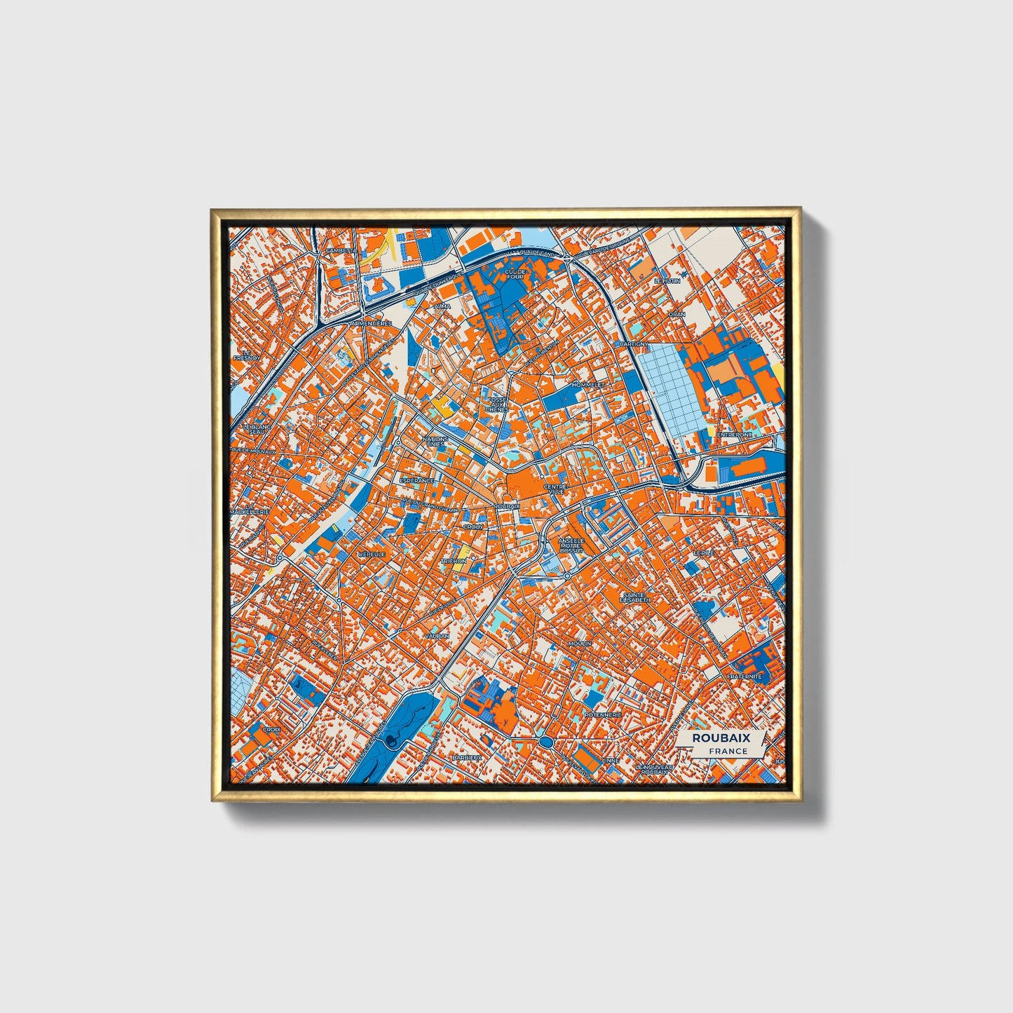 Roubaix France Colorful City Map Canvas Print • Gold Framed