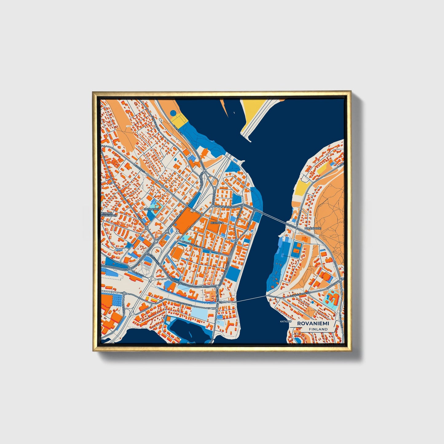 Rovaniemi Finland Colorful City Map Canvas Print • Gold Framed
