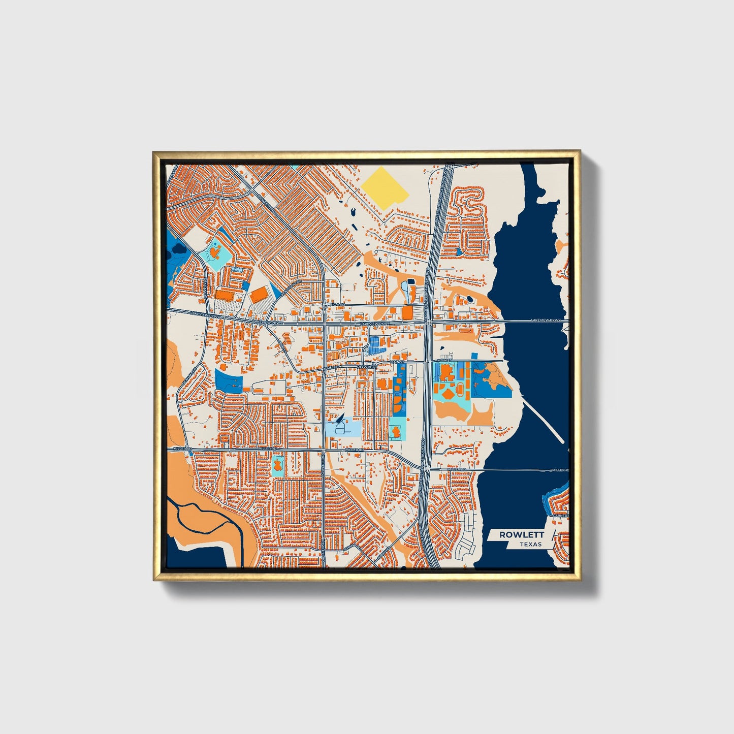 Rowlett Texas Colorful City Map Canvas Print • Gold Framed