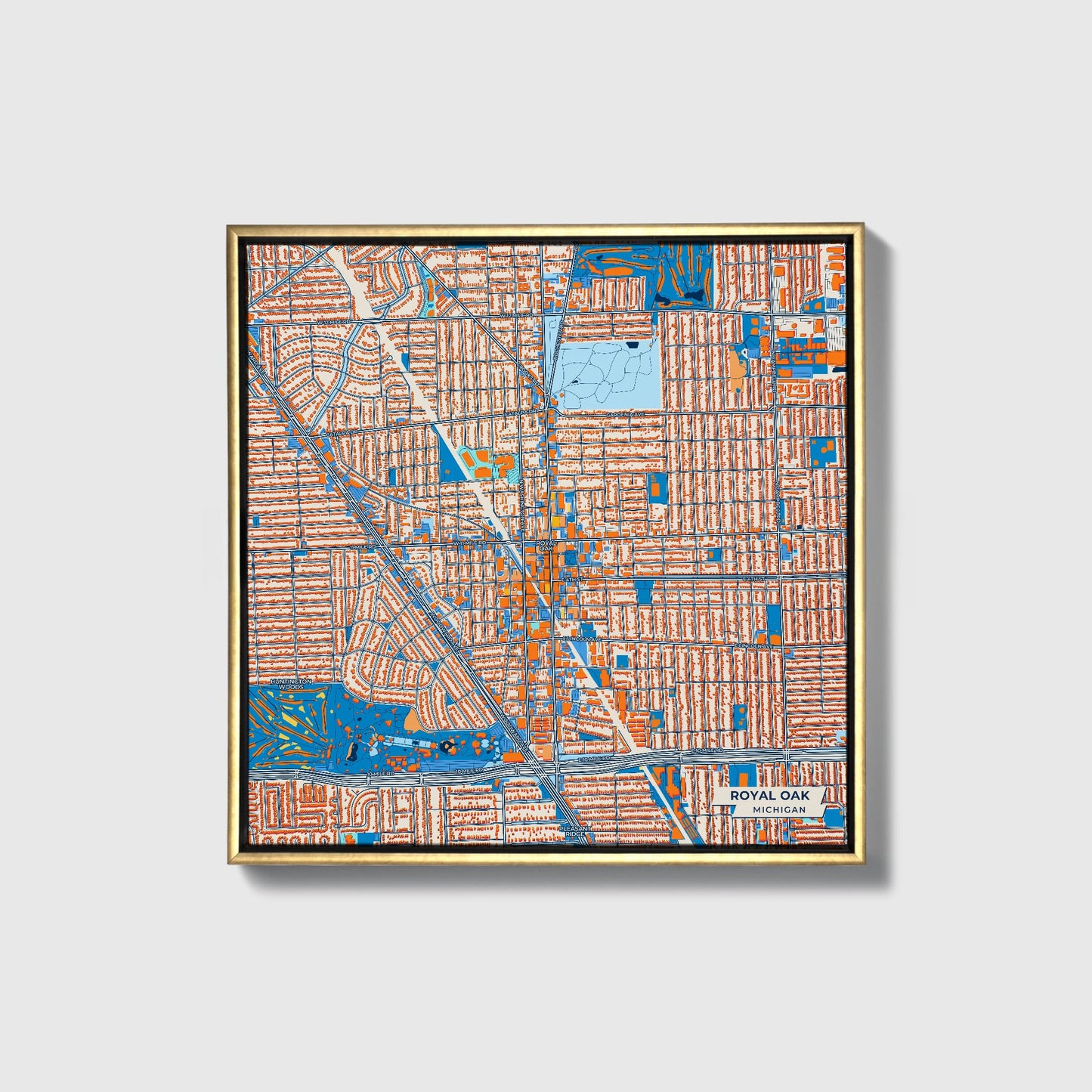 Royal Oak Michigan Colorful City Map Canvas Print • Gold Framed