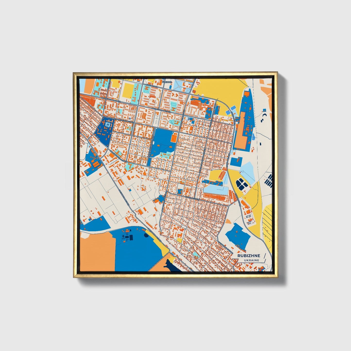 Рубіжне Ukraine Colorful City Map Canvas Print • Gold Framed