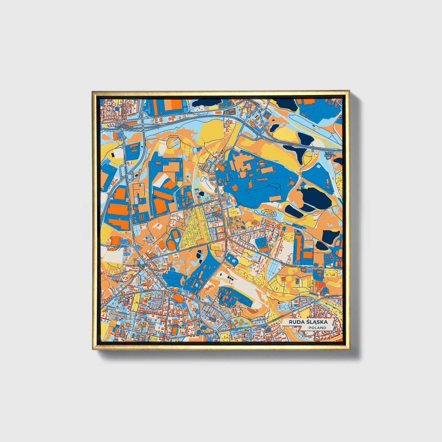Ruda Śląska Poland Colorful City Map Canvas Print • Gold Framed
